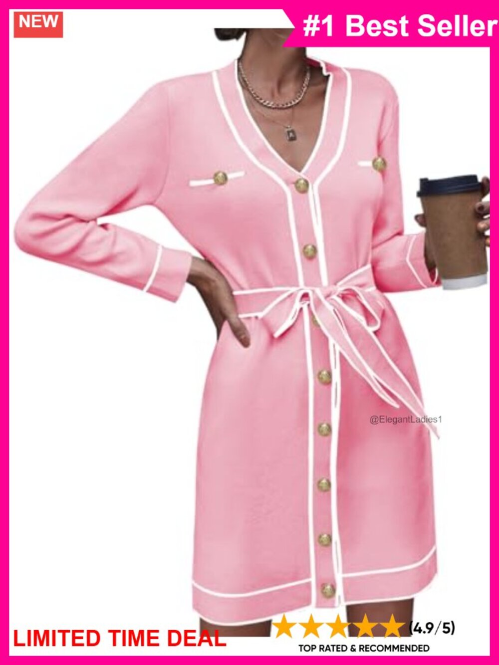 Long Sleeve Button Down Sweater Dress V Neck Open Front Belted Mini